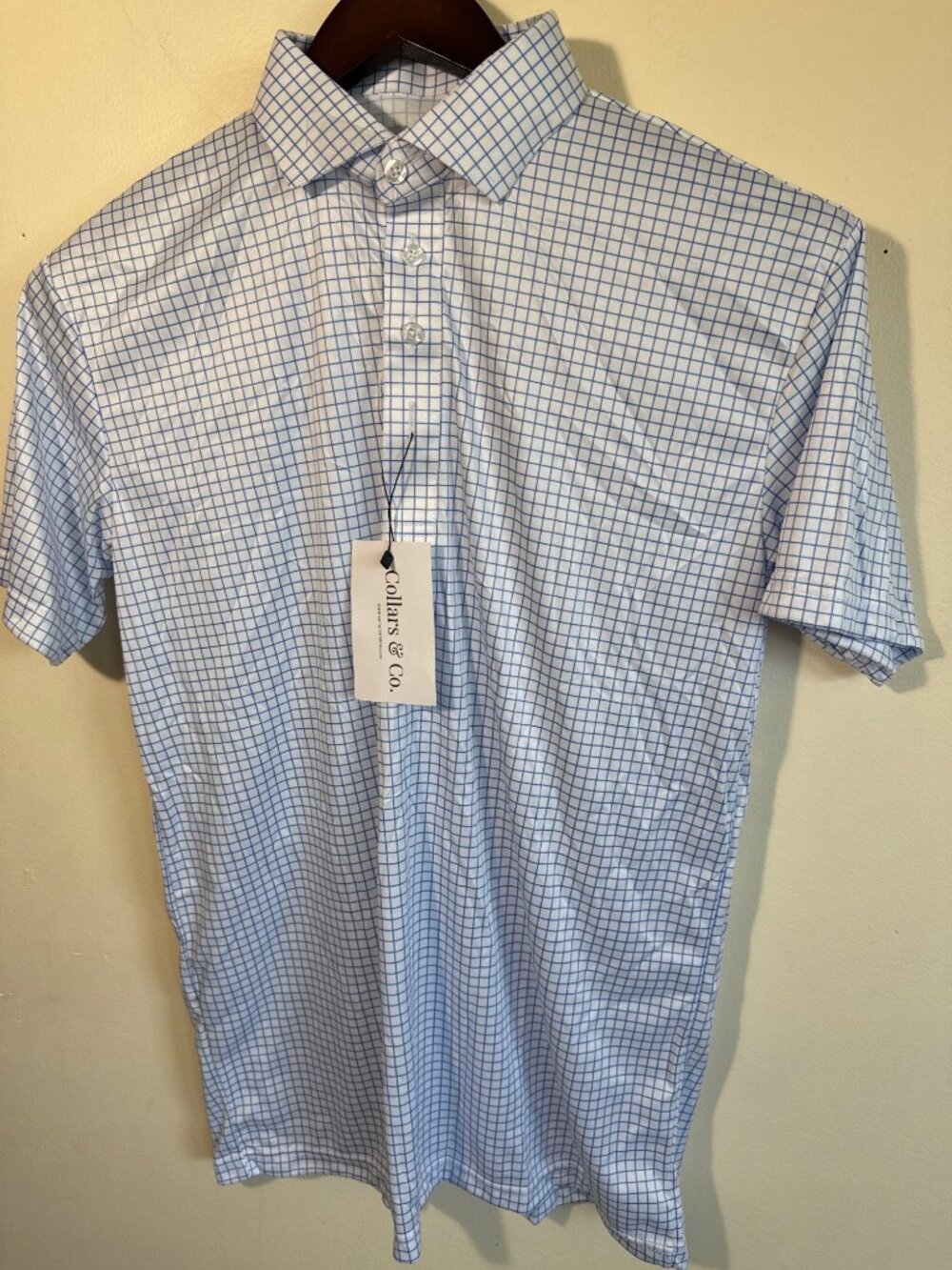 Collars & Co Mens Semi-Spread Collar Polo Blue Tattersall Moisture-Wicking Stret
